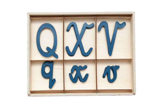 Cursive Letters Q, X, V in Wooden Box